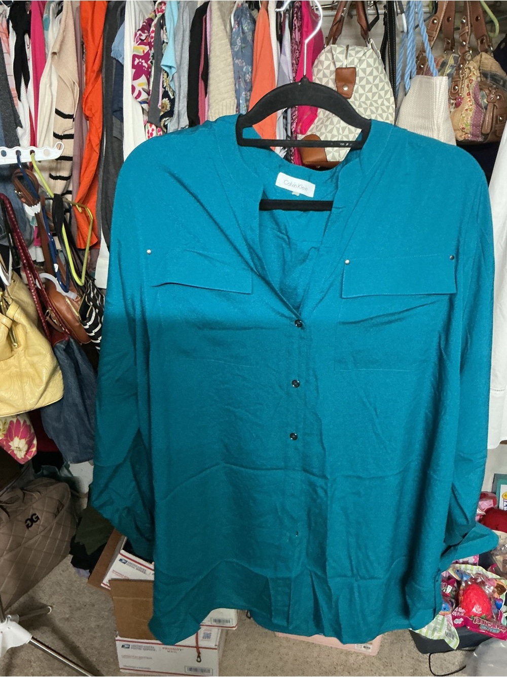 Calvin Klein Teal Button-Front Long Sleeve Blouse